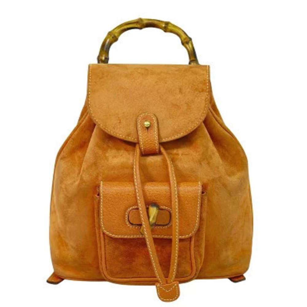 Gucci Bamboo Drawstring Backpack Rucksack Suede Leather Orange